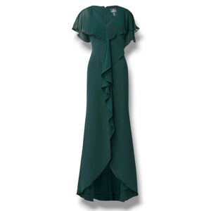 Adriana Papell Hunter Green Chiffon Overlay Crepe Mermaid Formal Gown